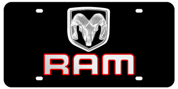 DODGE RAM CHROME EMBLEM AND LASER CUT RAM NAME 3D BLACK LICENSE PLATE
