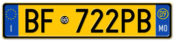 ITALY - PROVINCE OF MODENA (MO) EURO (EEC) REAR LICENSE  PLATE  WITH REGISTRATION DATE 09. PERFECT FOR YOUR FIAT, LAMBORGHINI, BUGATTI, OR ALFA ROMEO