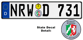 GERMAN LICENSE PLATE NORDRHEIN-WESTFALEN (DÜSSELDORF) ISSUED FROM JANUARY 1994 WITH FREE STATE AND DATE DECALS --