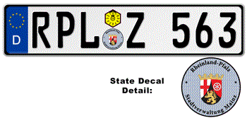 GERMAN LICENSE PLATE RHEINLAND/PFALZ/MAINZ LICENSE PLATE ISSUED FROM JANUARY 1994 WITH FREE STATE AND DATE DECALS --