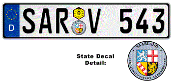 GERMAN LICENSE PLATE Saarland/Saarbrücken ISSUED FROM JANUARY 1994 WITH FREE STATE AND DATE DECALS --   Â