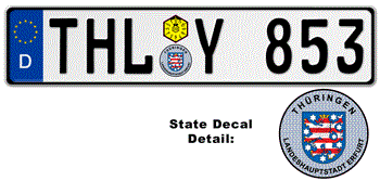 GERMAN LICENSE PLATE Thüringen ISSUED FROM JANUARY 1994 WITH FREE STATE AND DATE DECALS --   Â