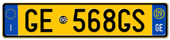 ITALY - PROVINCE OF GENOA (GE) EURO (EEC) REAR LICENSE  PLATE  WITH REGISTRATION DATE 09. PERFECT FOR YOUR FIAT, LAMBORGHINI, BUGATTI, OR ALFA ROMEO