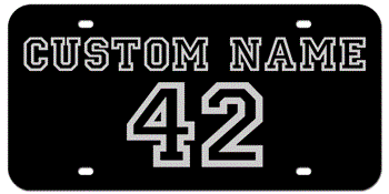 CUSTOM VARSITY BLACK LASER LICENSE PLATE - SILVER NAME AND NUMBER