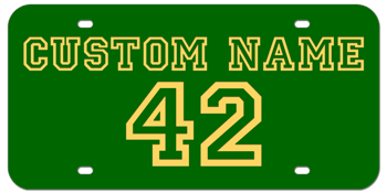 CUSTOM VARSITY GREEN LASER LICENSE PLATE - GOLD NAME AND NUMBER